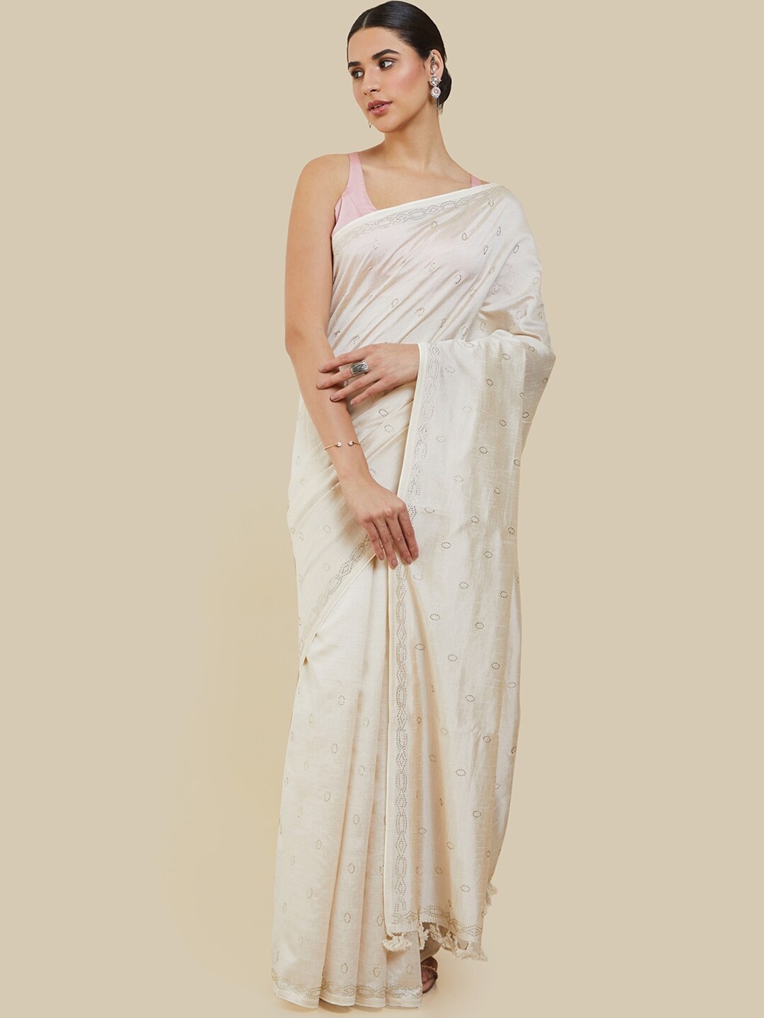 

Soch Embellished Beads and Stones Silk Blend Tussar Saree, Cream