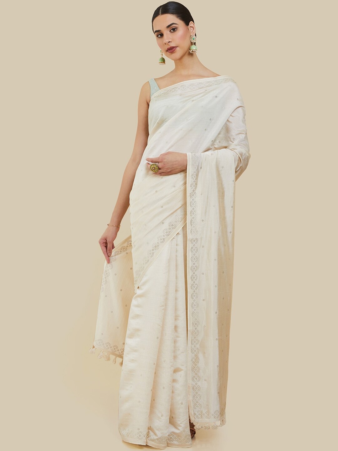 

Soch Embellished Silk Blend Tussar Saree, Cream