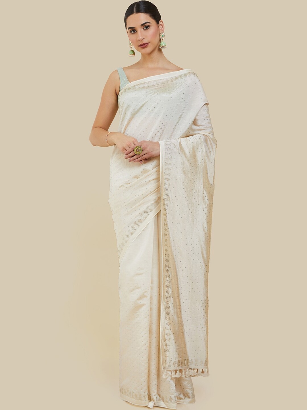 

Soch Embellished Silk Blend Tussar Saree, Cream