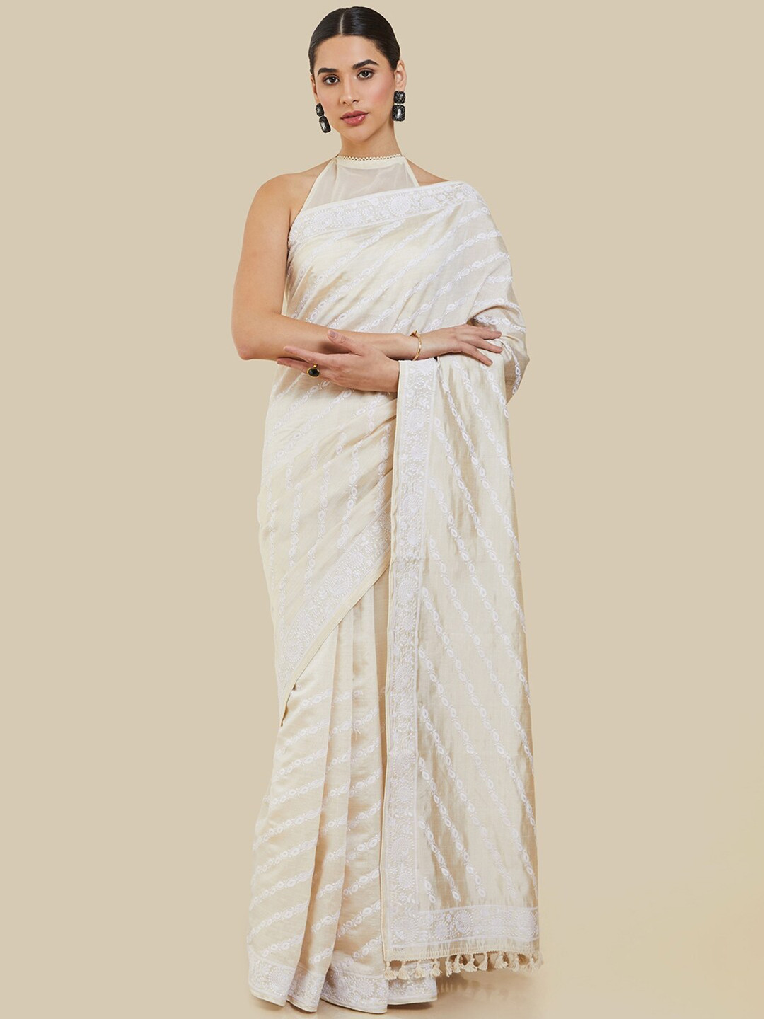 

Soch Ethnic Motifs Embroidered Tussar Saree, Cream