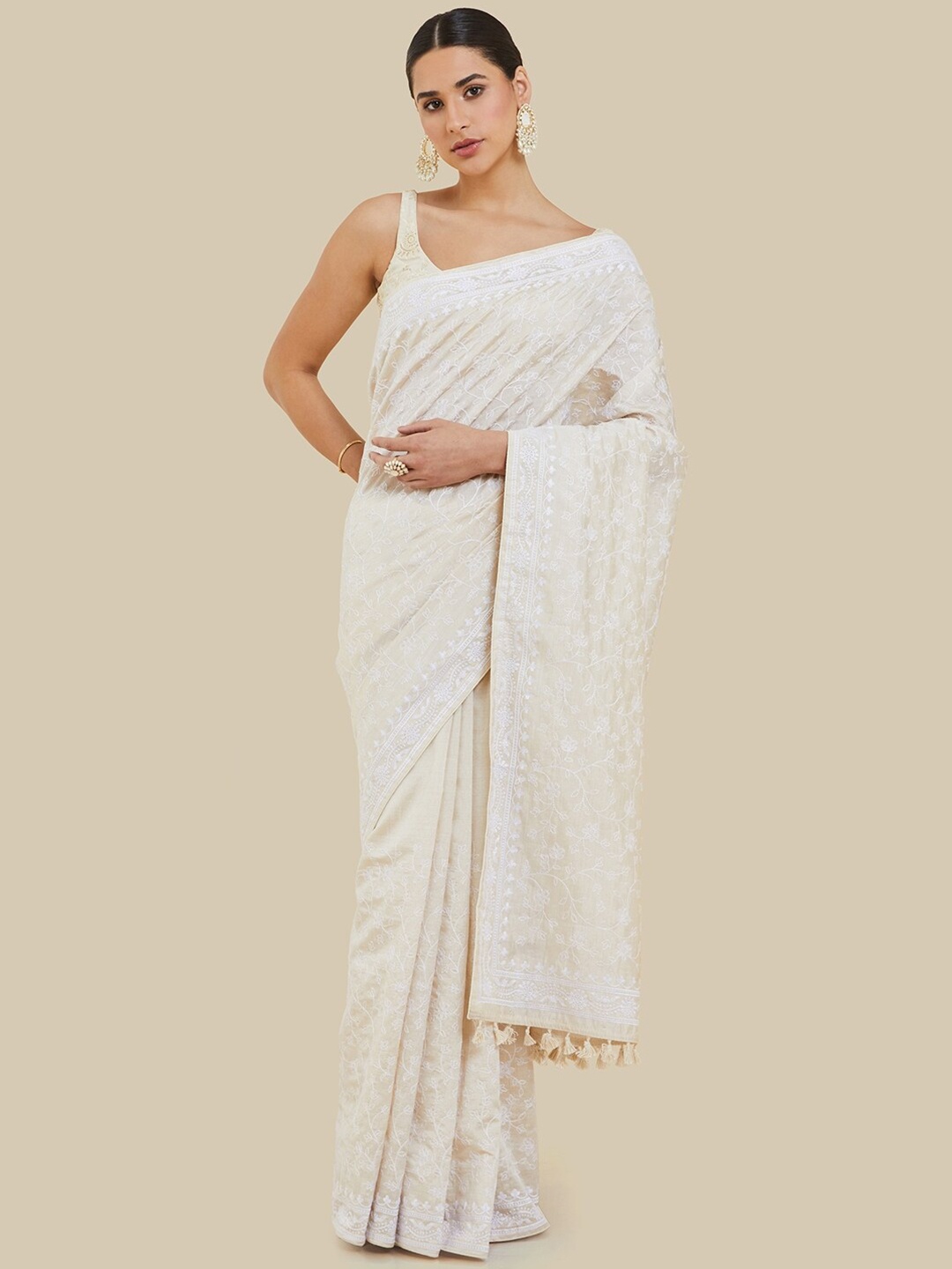 

Soch Ethnic Motifs Embroidered Tussar Saree, Cream