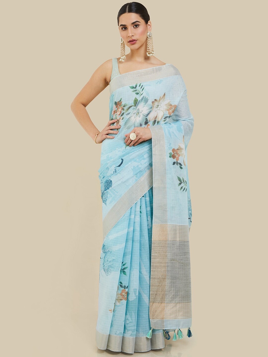 

Soch Floral Printed Tassels Saree, Turquoise blue