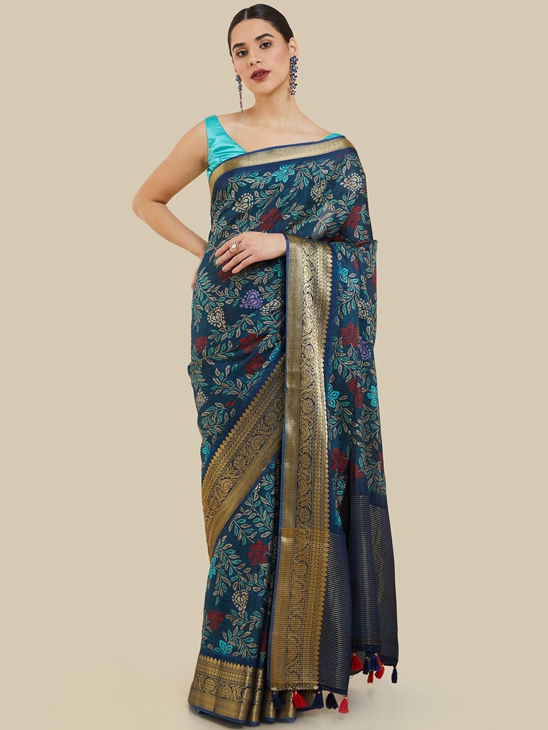 

Soch Floral Printed Zari Tussar Saree, Navy blue