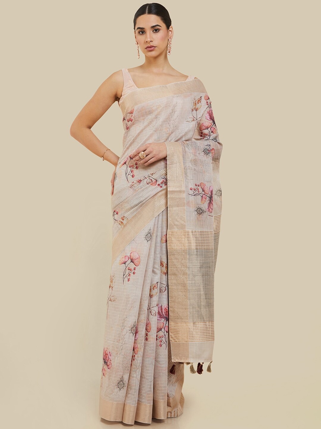 

Soch Floral Printed Zari Saree, Grey