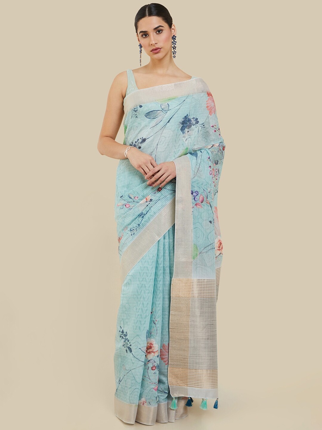 

Soch Floral Printed Tassels Saree, Turquoise blue