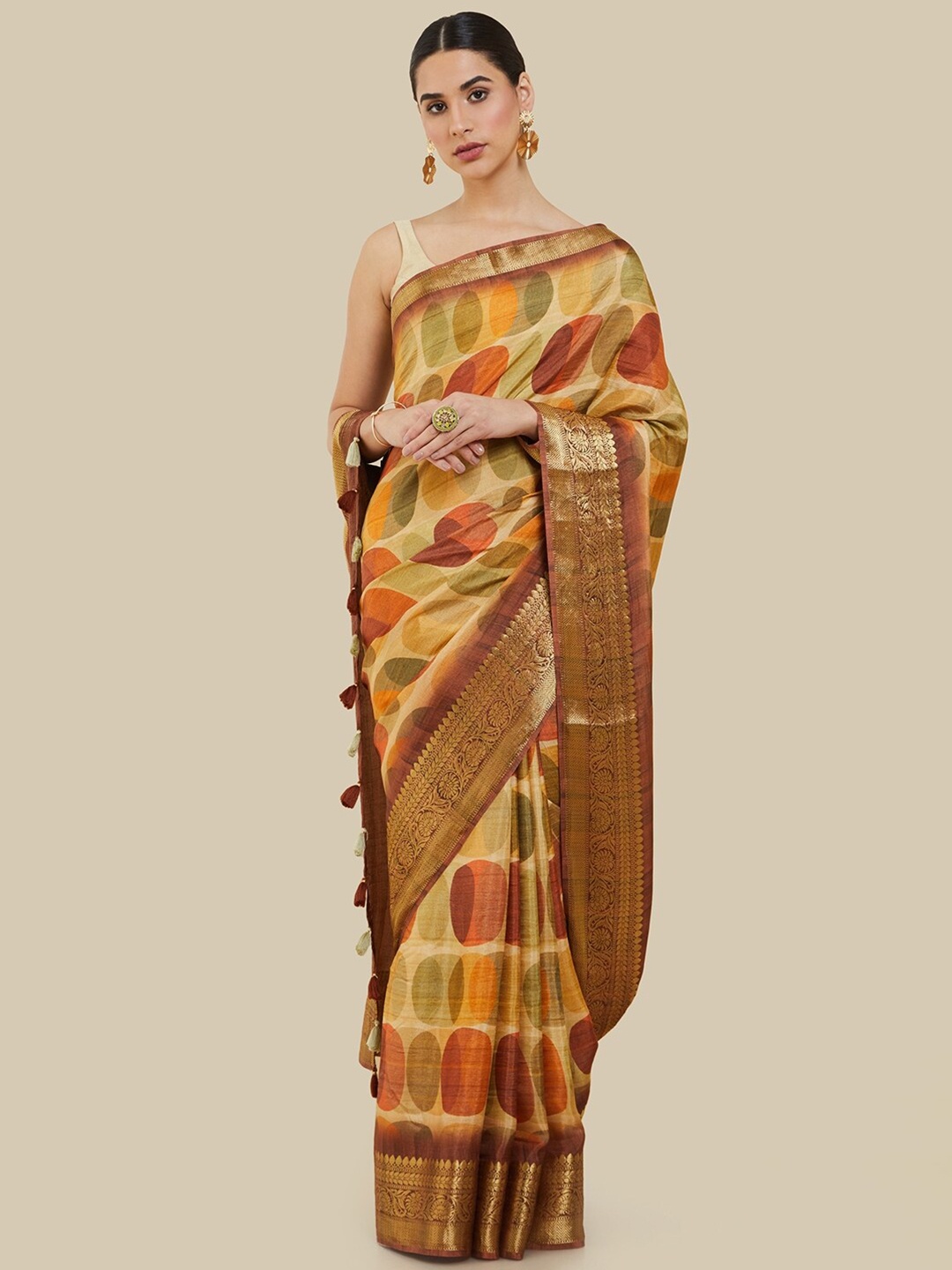 

Soch Ethnic Motifs Printed Tussar Saree, Mustard