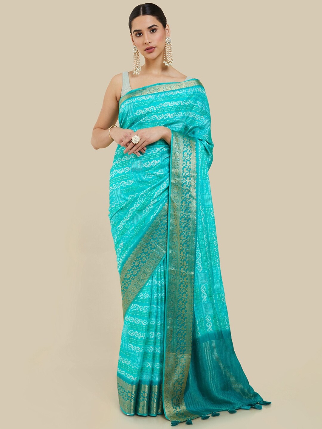 

Soch Turquoise Bandhani Printed Zari Tussar Saree, Turquoise blue