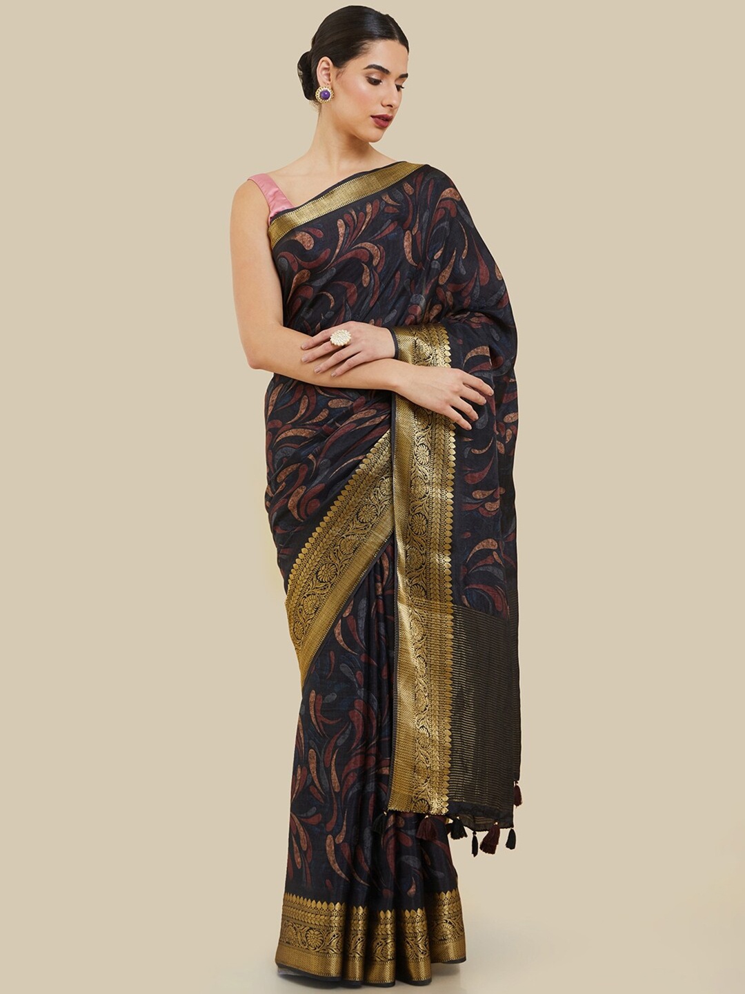 

Soch Ethnic Motifs Zari Silk Blend Tussar Saree, Black