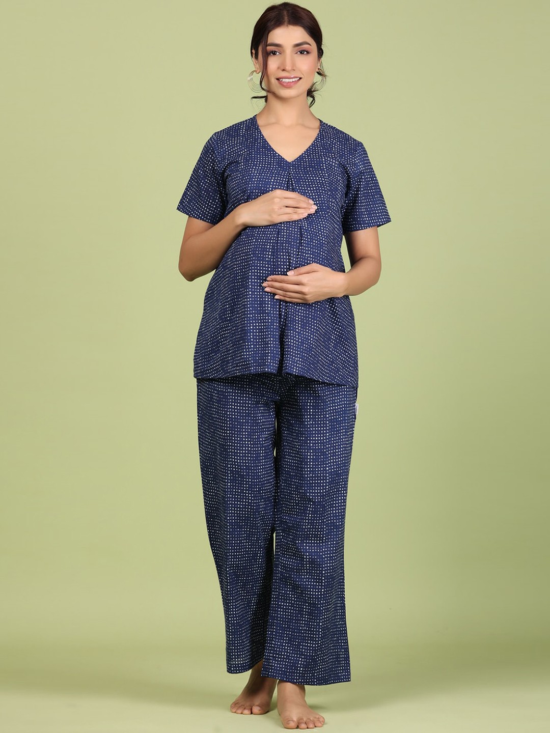 

JISORA Women Printed Matenity Pure Cotton Night suit with Feeding Zips, Blue