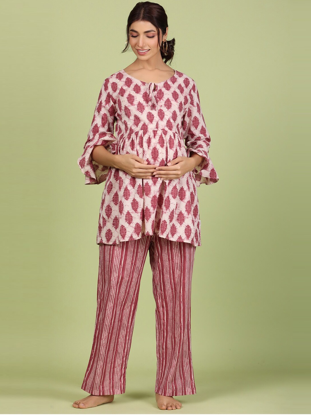 

JISORA Women Printed Matenity Night suit with Feeding Zips, Off white