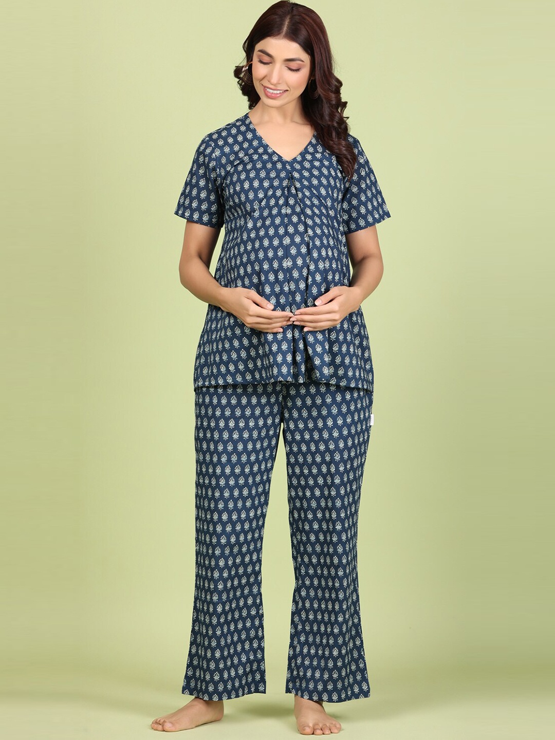 

JISORA Ethnic Motifs Printed Pure Cotton Night suit, Blue