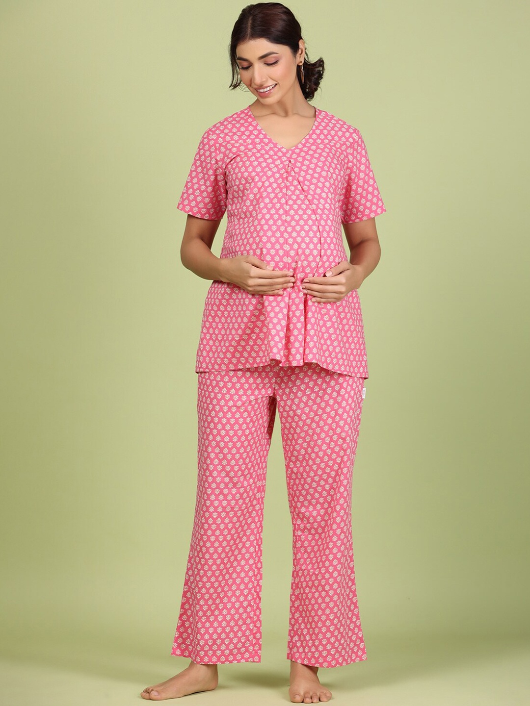 

JISORA Women Printed Matenity Night suit with Feeding Zips, Pink