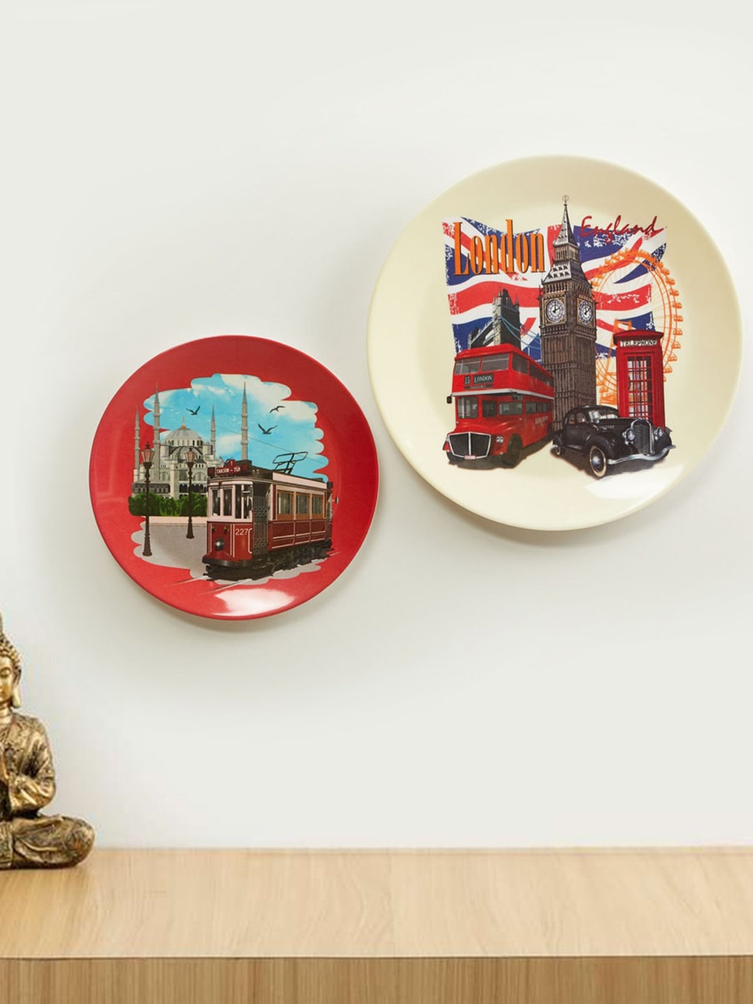 

Home Centre Artesia Red & Beige Set Of 2 Graphic Printed Melamine Round Wall Plate