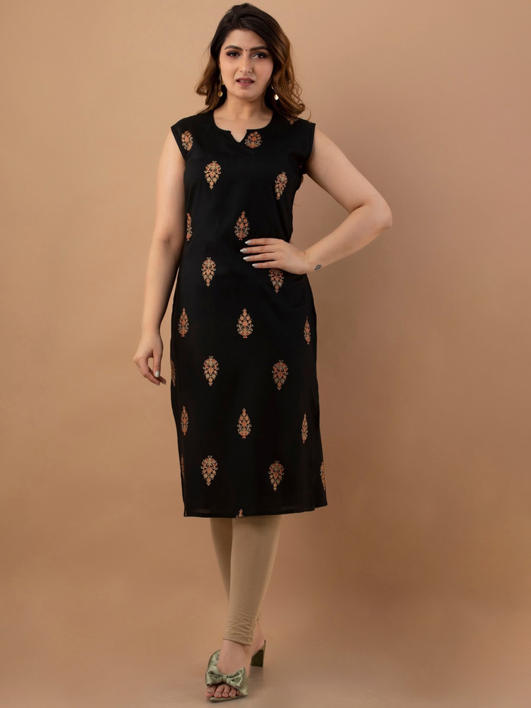

PURSHOTTAM WALA Printed Sleeveless Ethnic Motifs Printed Kurta, Black