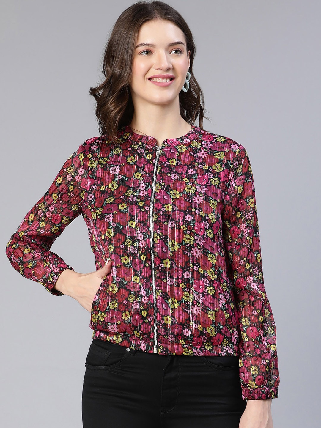 

Oxolloxo Women Floral Lightweight Bomber Jacket, Pink