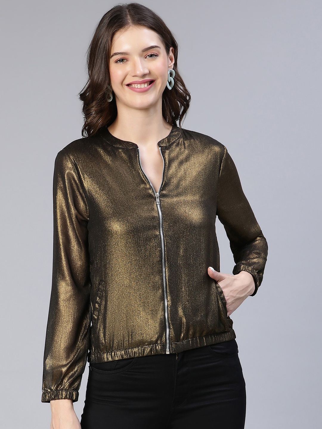 

Oxolloxo Women Gold-Toned Lightweight Bomber Jacket