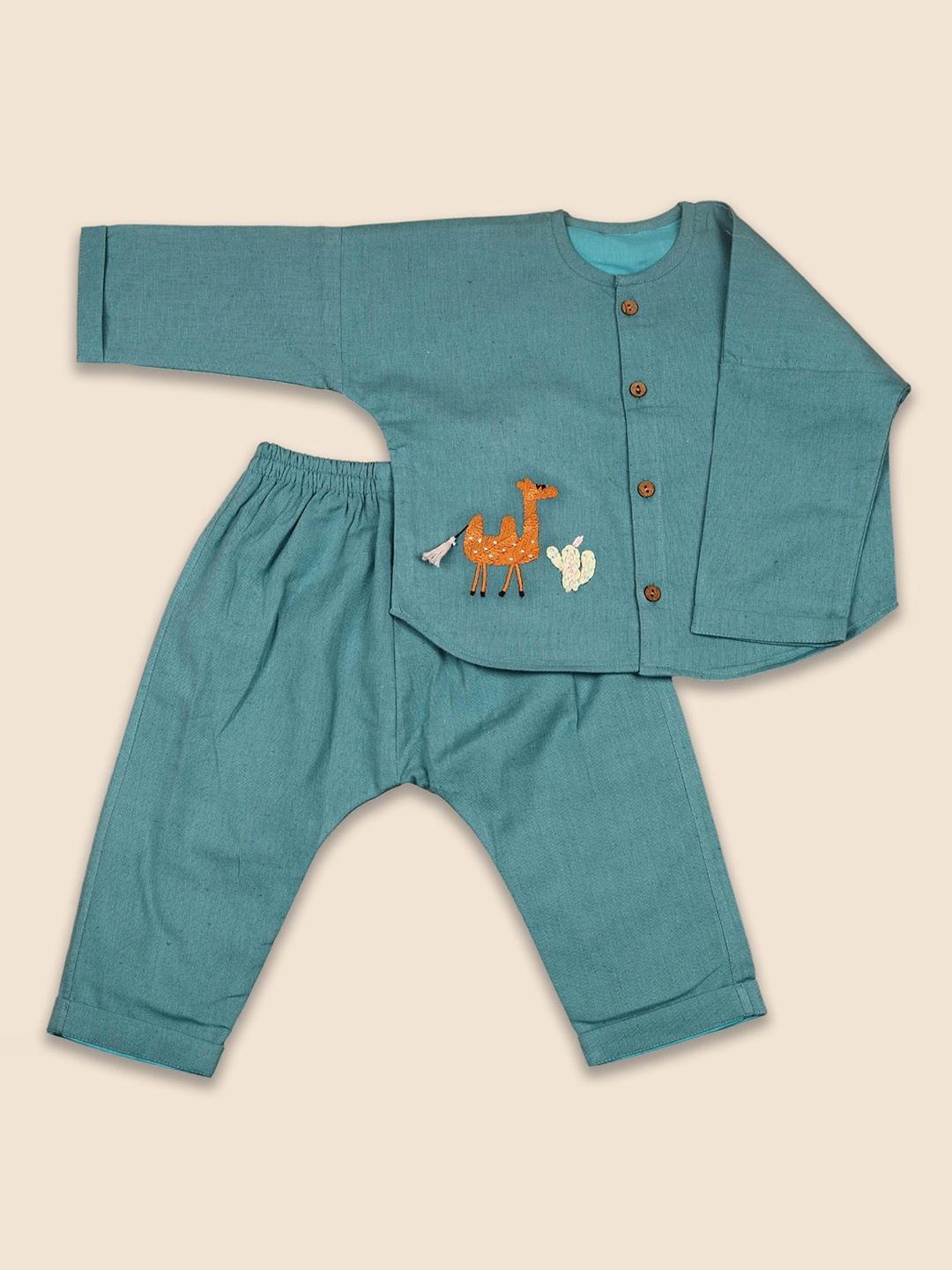 

Bhaakur Kids Printed Cotton Shirt with Trouser Set, Teal
