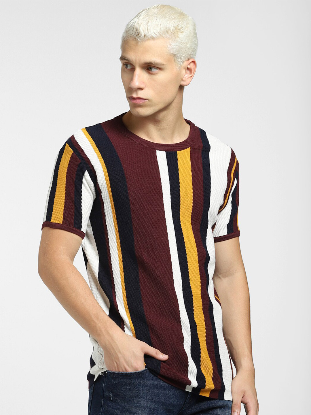 

Jack & Jones Men Striped Cotton T-shirt, Maroon