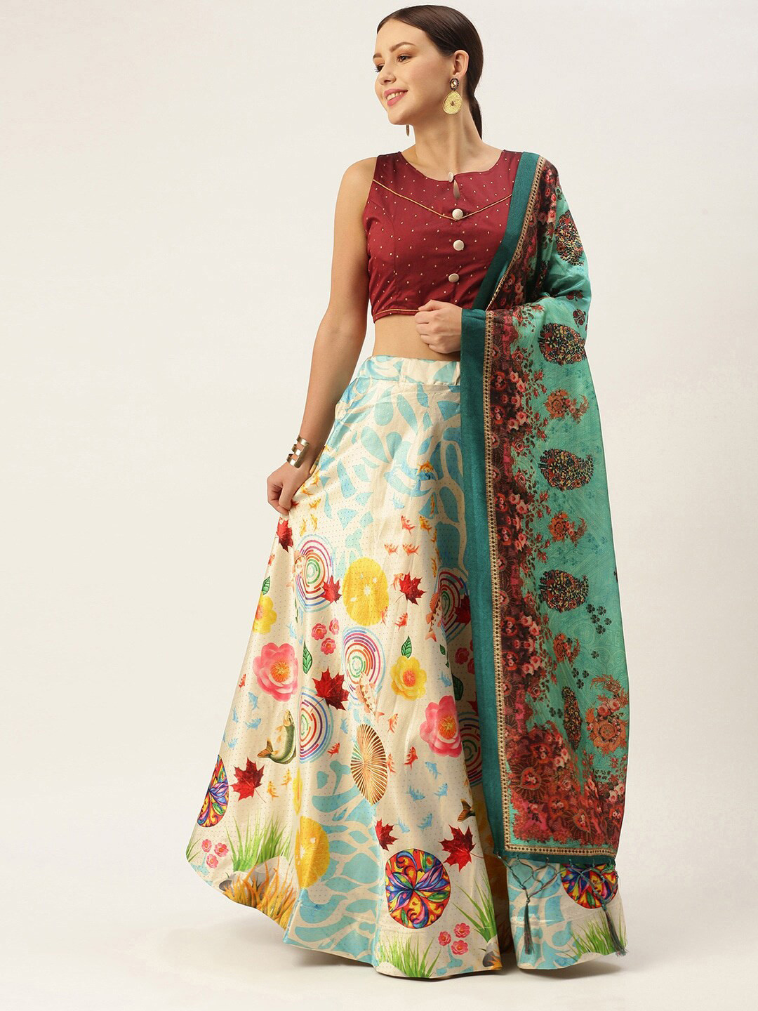 

Kaizen TEXO FAB Printed Semi-Stitched Lehenga & Unstitched Blouse With Dupatta, Sea green