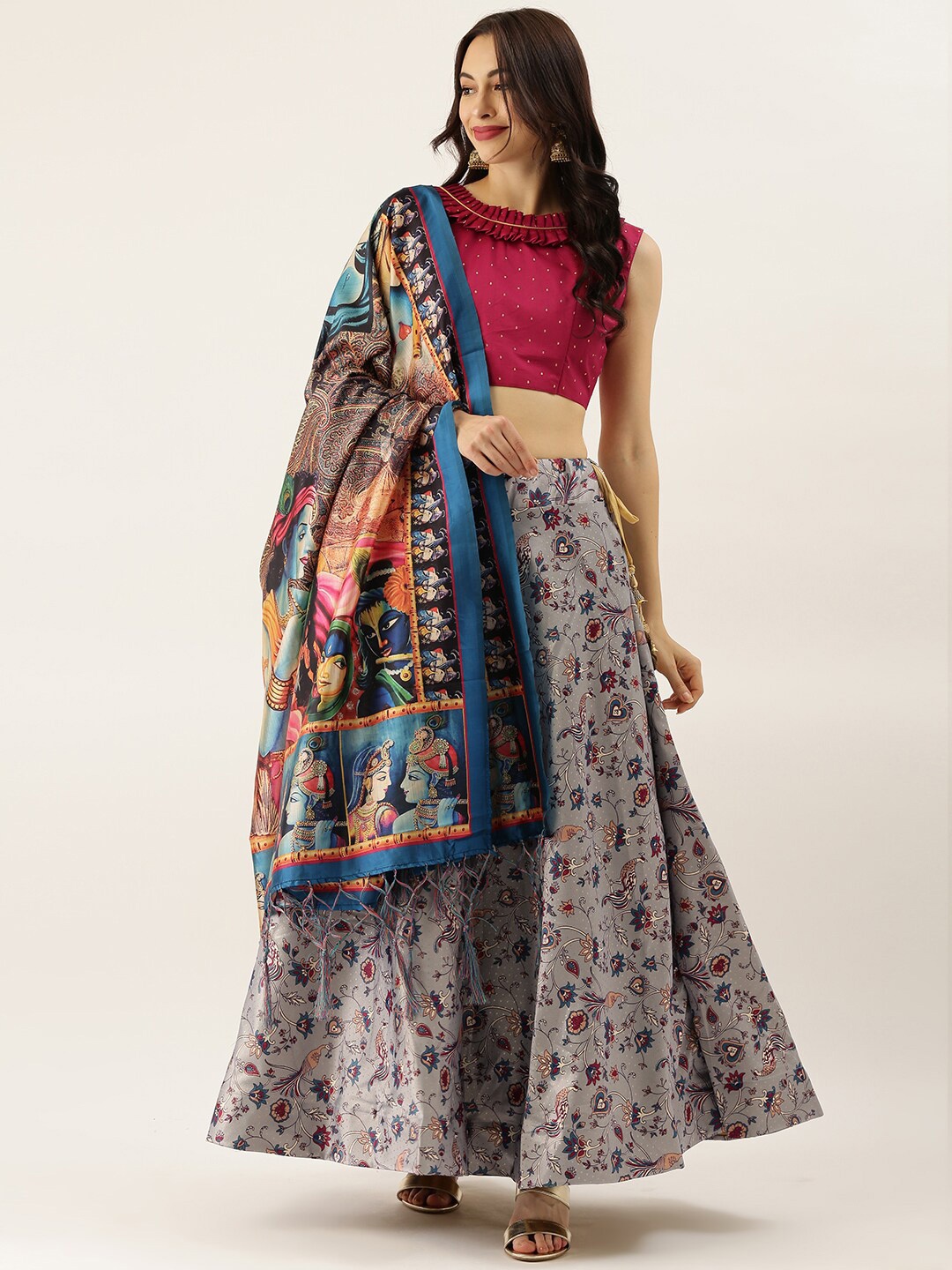 

Kaizen TEXO FAB Printed Semi-Stitched Lehenga & Unstitched Blouse With Dupatta, Grey