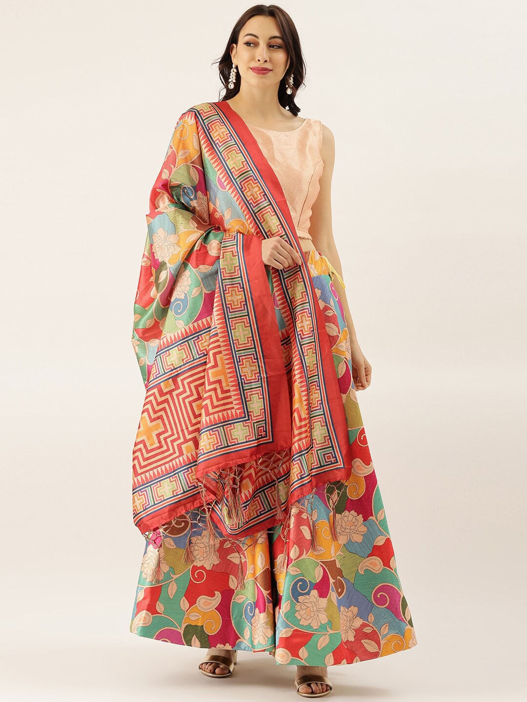 

Kaizen TEXO FAB Printed Semi-Stitched Lehenga & Unstitched Blouse With Dupatta, Red