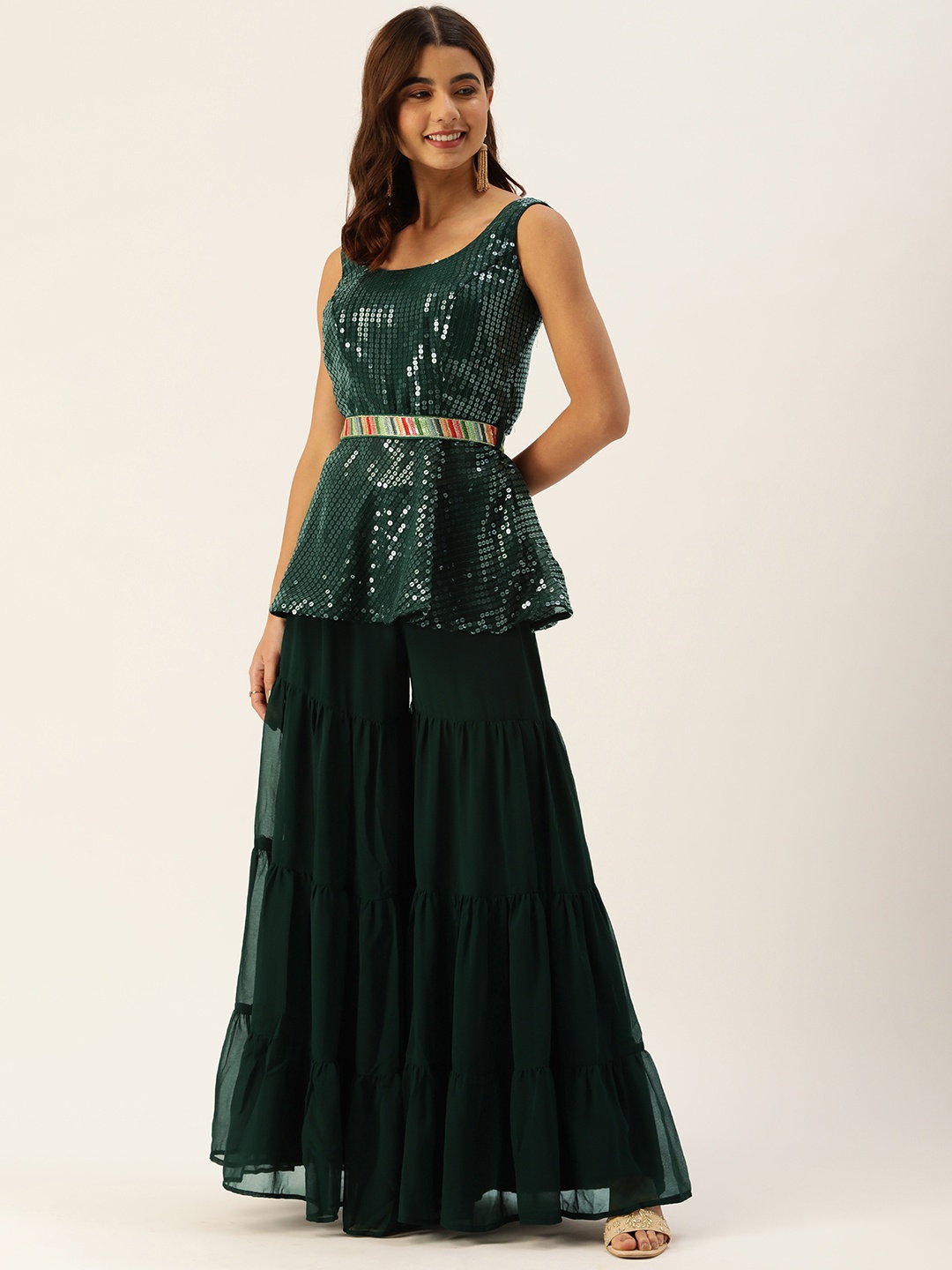 

Ethnovog Ready To Wear Green Embroidered Peplum Top N Palazzo Set