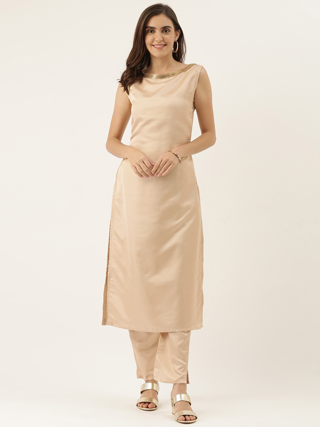 

Ethnovog Ready To Wear Beige Satin Boat Neck Style Straight Pant Suit