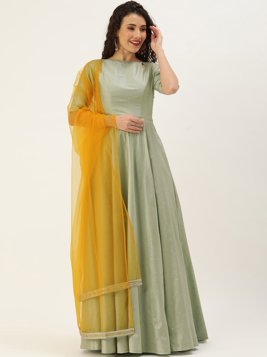 

Ethnovog Ready To Wear Green Jacquard Floor Length Anarkali Suit, Sea green