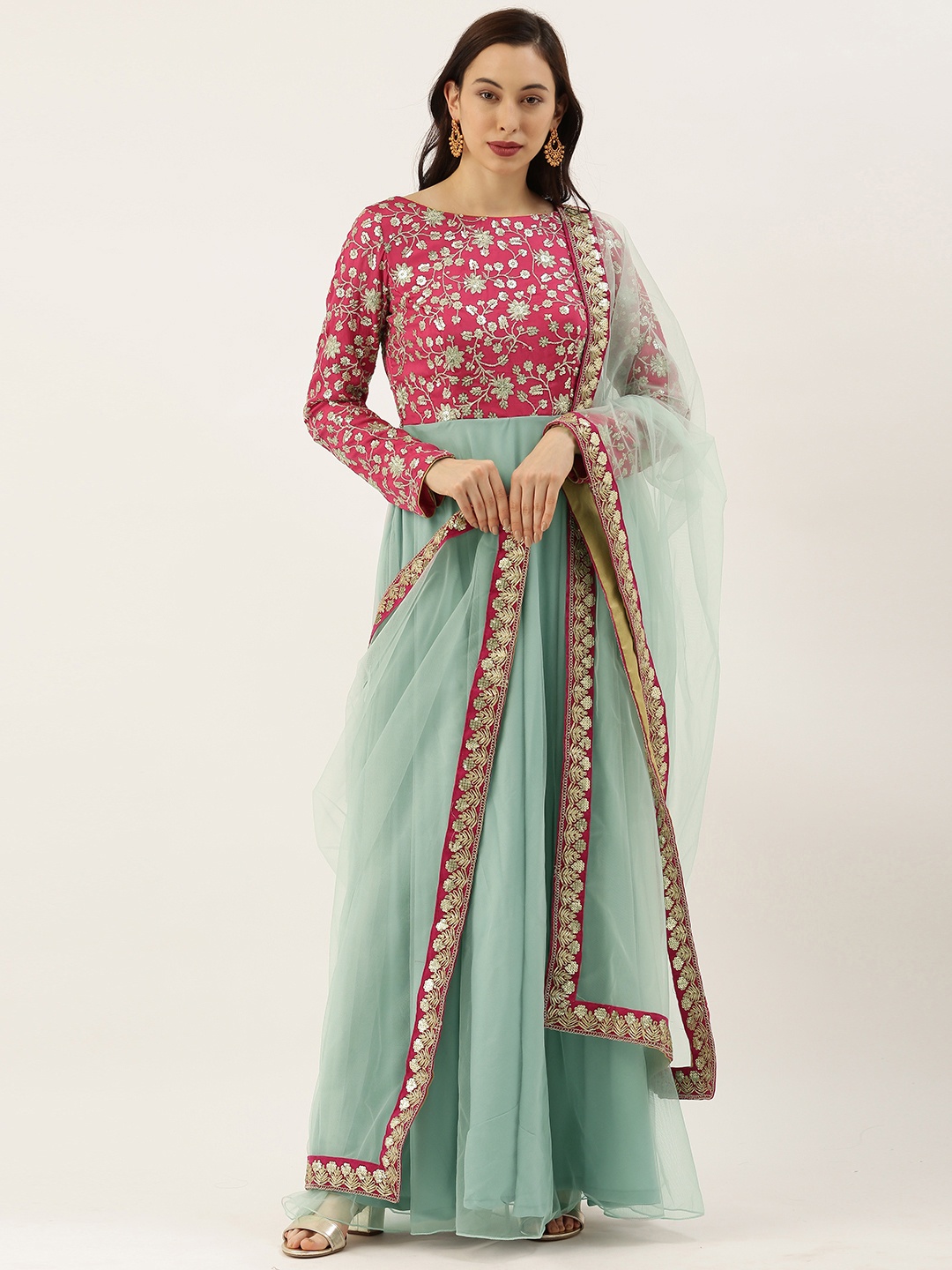 

Ethnovog Ready To Wear Blue N Pink Embroidered Anarkali Suit, Green