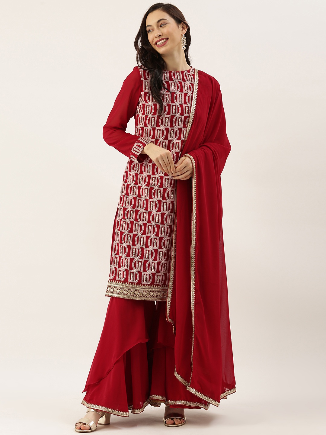 

Ethnovog Ready To Wear Maroon Embroidered Asymmetrical Gharara Suit