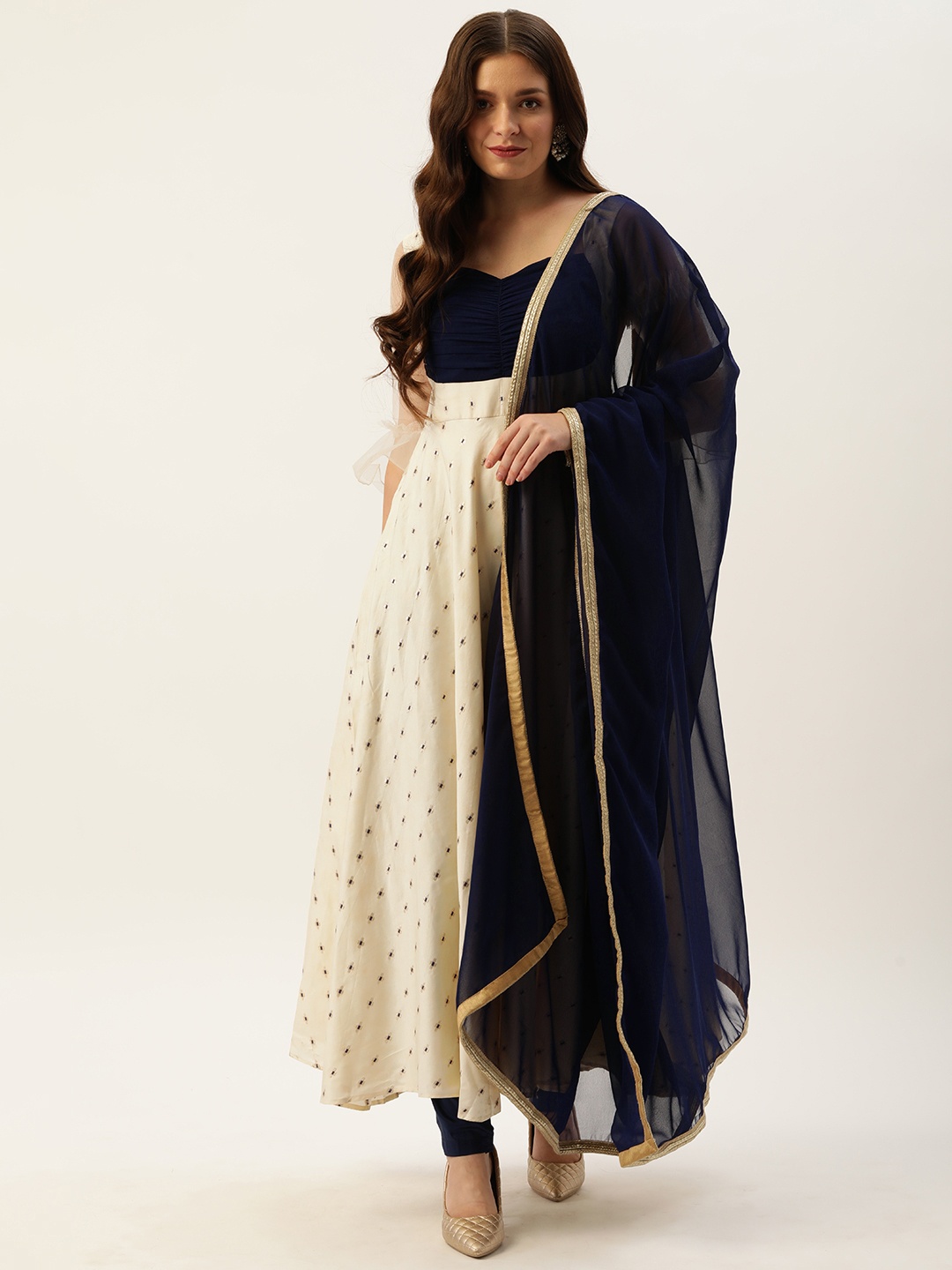 

Ethnovog Ready To Wear Cream Satin N Blue Ruched Style Anarkali Suit