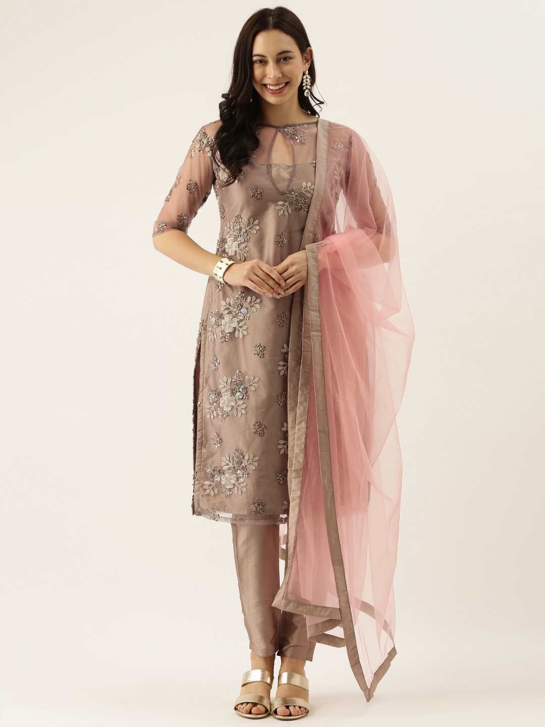 

Ethnovog Ready To Wear Embroidered Grey Top N Straight Pant Suit, Brown