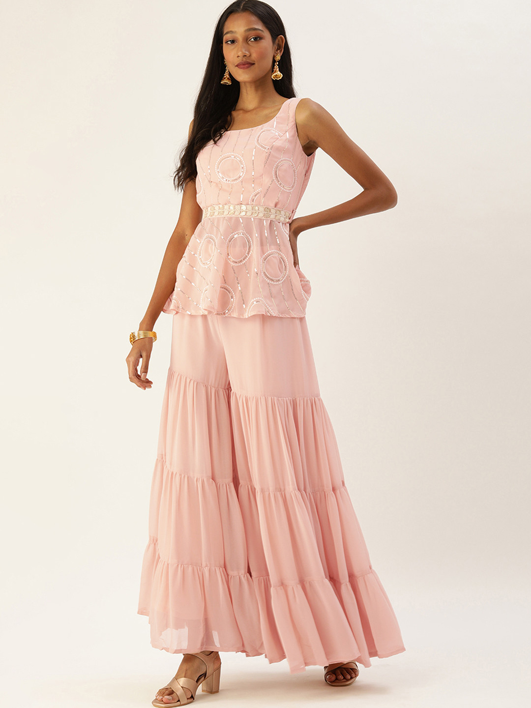 

Ethnovog Ready To Wear Pink Embroidered Peplum Top N Palazzo Set