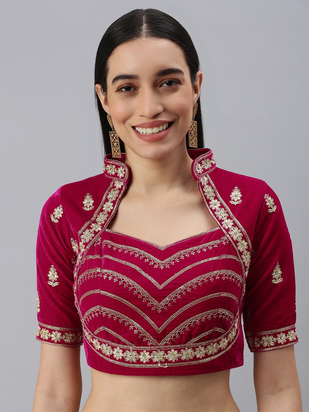 

flaher Women Pink Embroidered Velvet Padded Saree Blouse