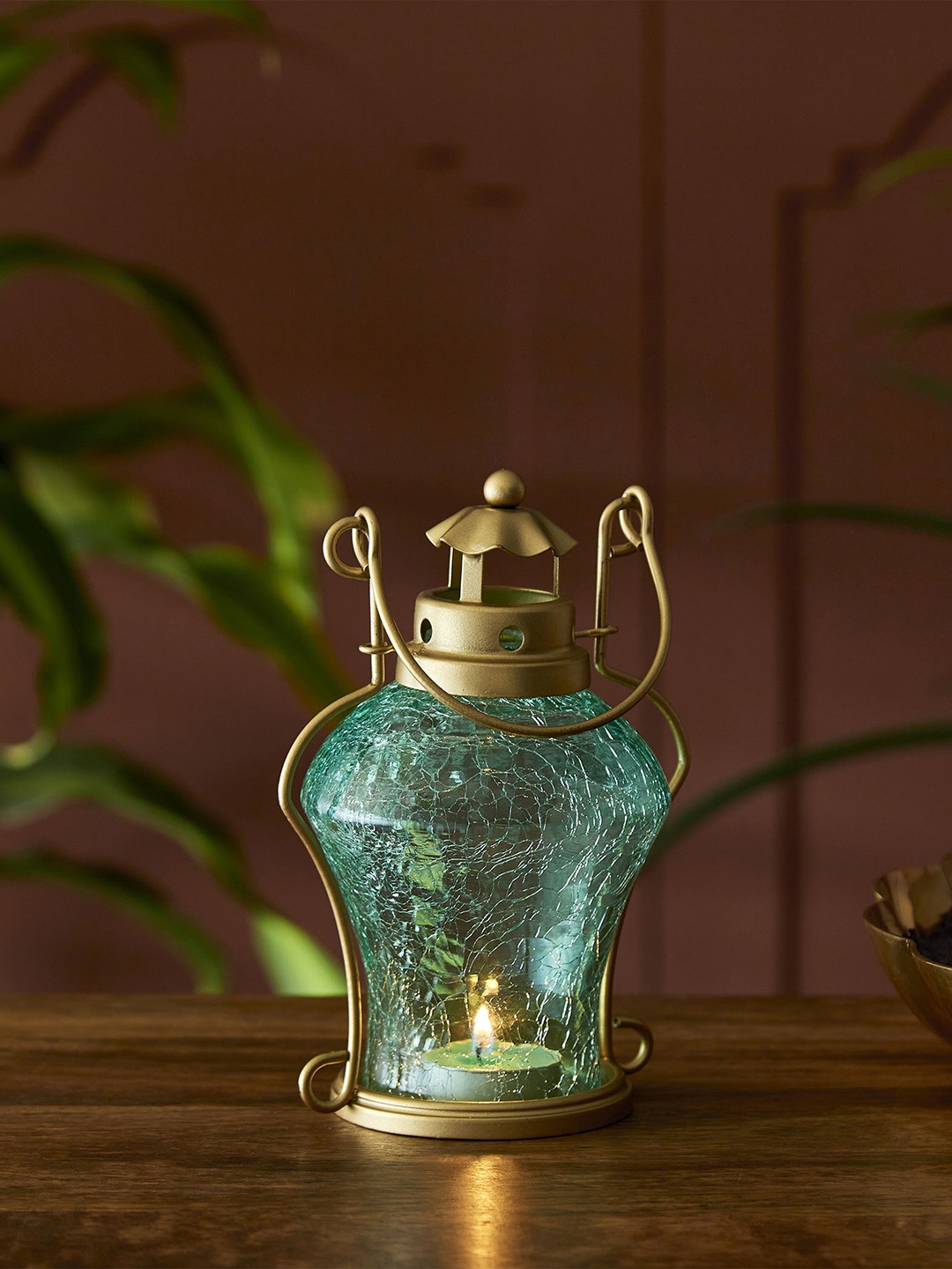 

Home Centre Textured Crackled Glass Hanging Lantern Candle Holders, Teal