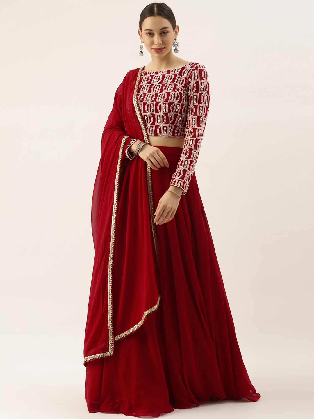 

Ethnovog Ready To Wear Maroon Georgette Embroidered Boat Neck Lehenga Set