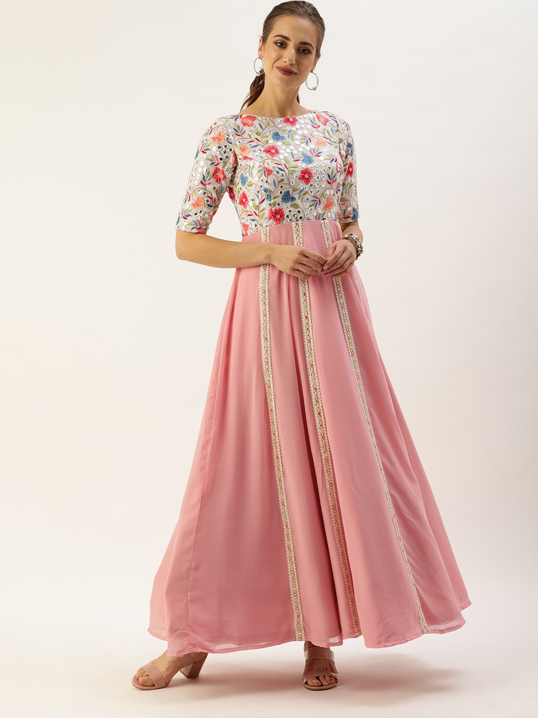 

Ethnovog Ready To Wear Multicolored Georgette Embroidered Kali Style Gown, Off white