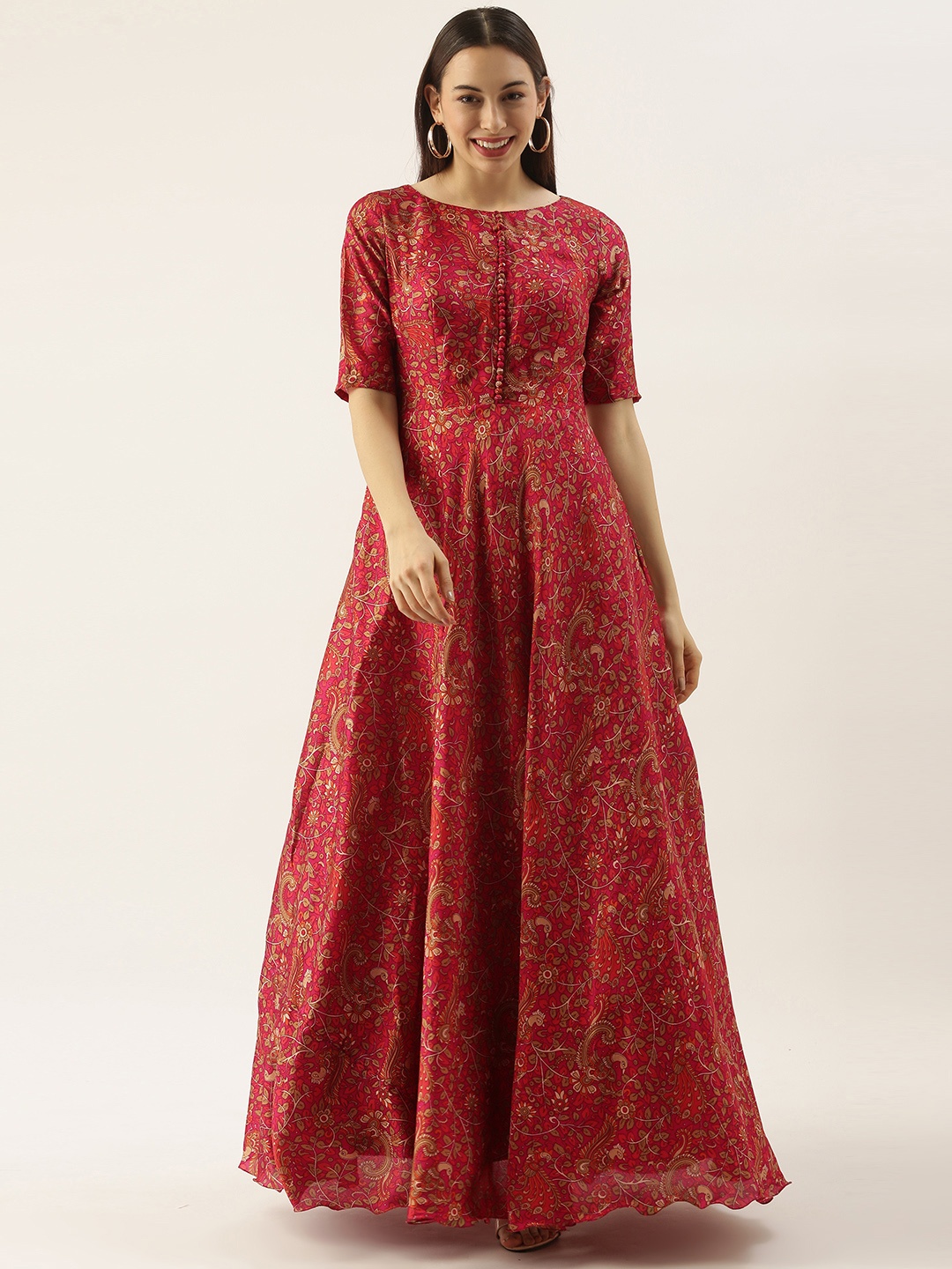 

Ethnovog Ready To Wear Pink Printed Floor Length Gown
