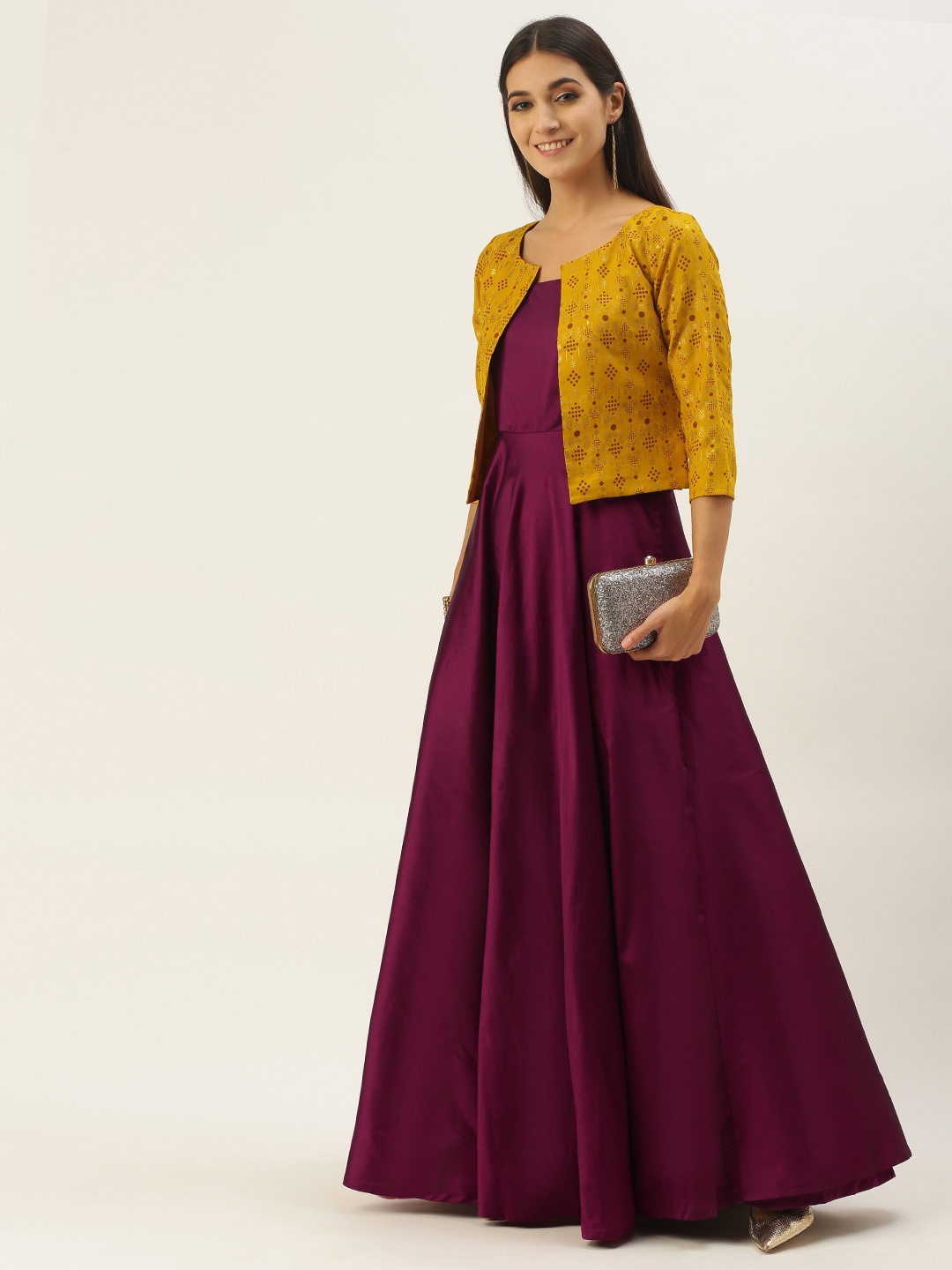 

Ethnovog Ready To Wear Dark Purple N Mustard Jacket Style Gown