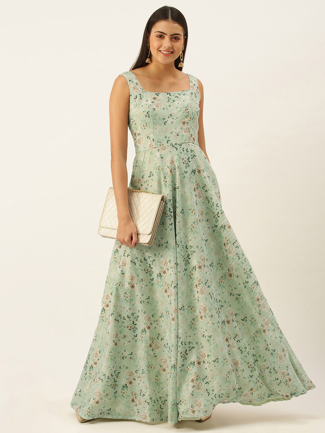 

Ethnovog Ready To Wear Green Muslin Digital Printed Strap Neck Dress, Sea green