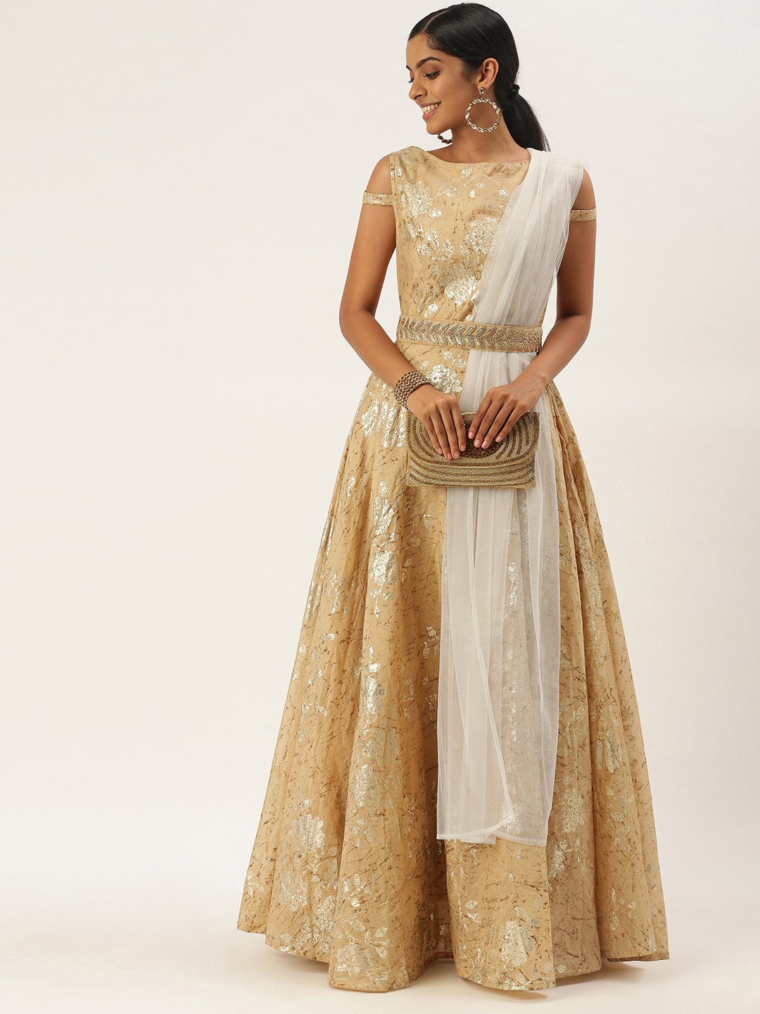 

Ethnovog Ready To Wear Beige Printed Boat Neck Floor Length Gown
