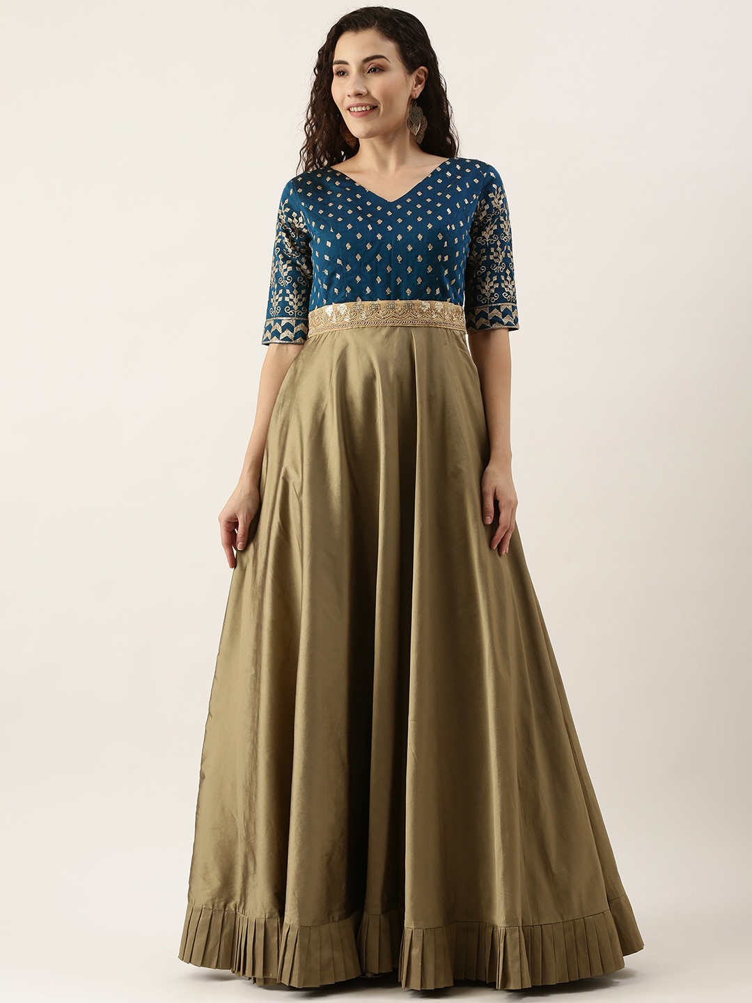 

Ethnovog Ready To Wear Blue Chanderi N Prairie Sand Floor Length Gown, Beige