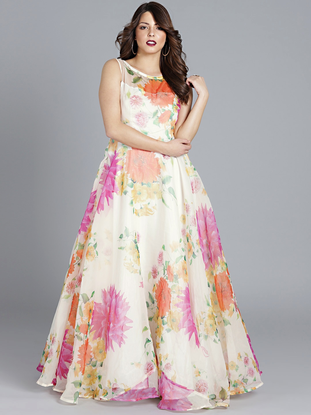 

Ethnovog Ready To Wear White Boat Neck Custom Designed Organza Gown, Off white