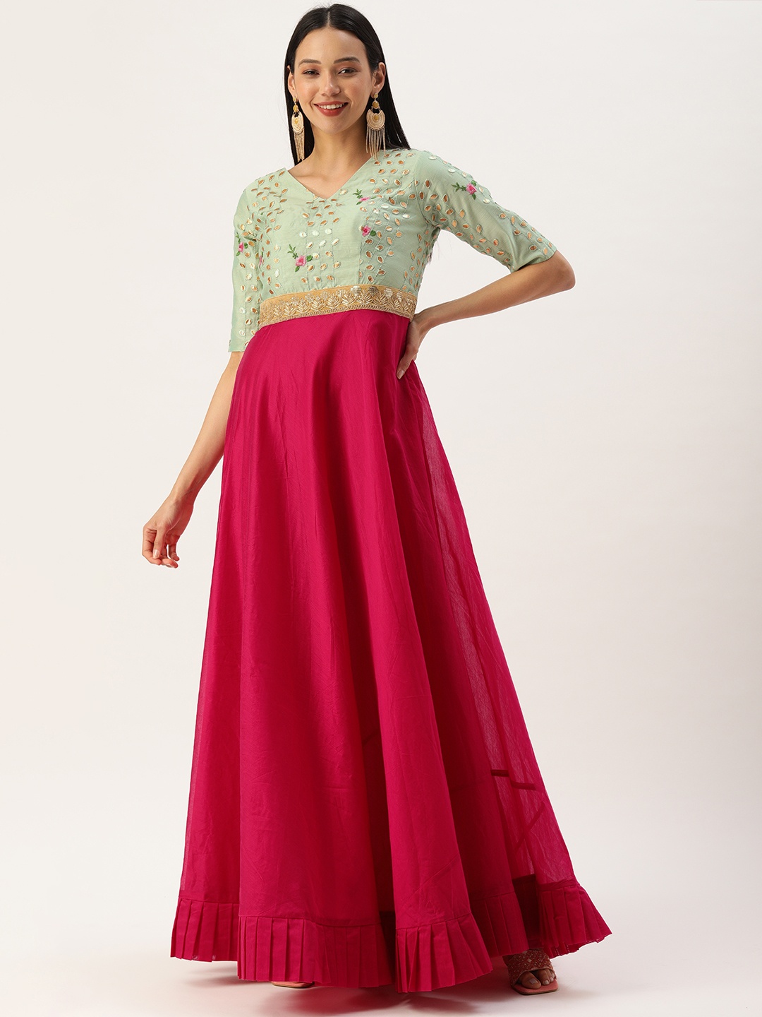 

Ethnovog Ready To Wear Green Chanderi N Pink Floor Length Gown