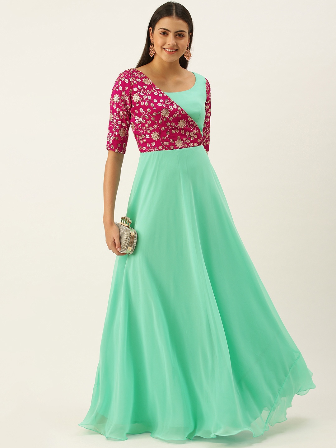 

Ethnovog Ready To Wear Pink Embroidered N Turquoise Overlapping Style Gown, Green