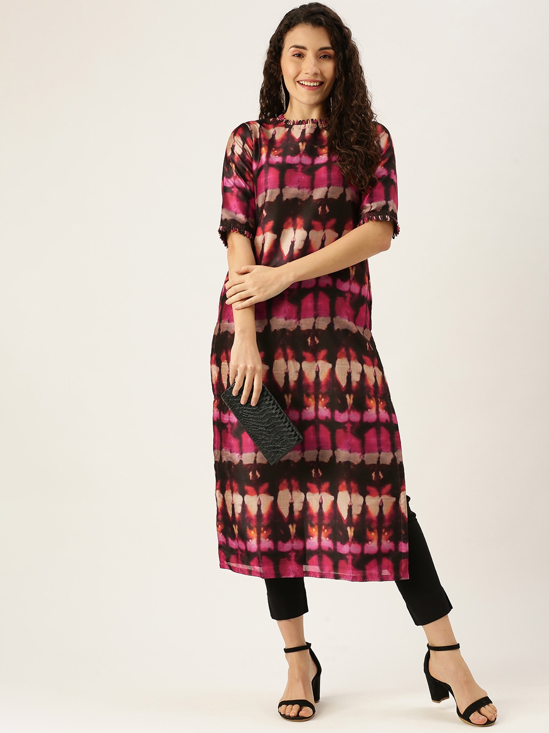 

Ethnovog Ready To Wear Multicolored Digital Print Close Neck Kurti, Pink