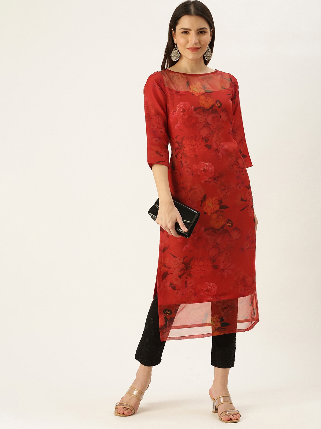 

Ethnovog Ready To Wear Red Sheer Neck Organza Kurti