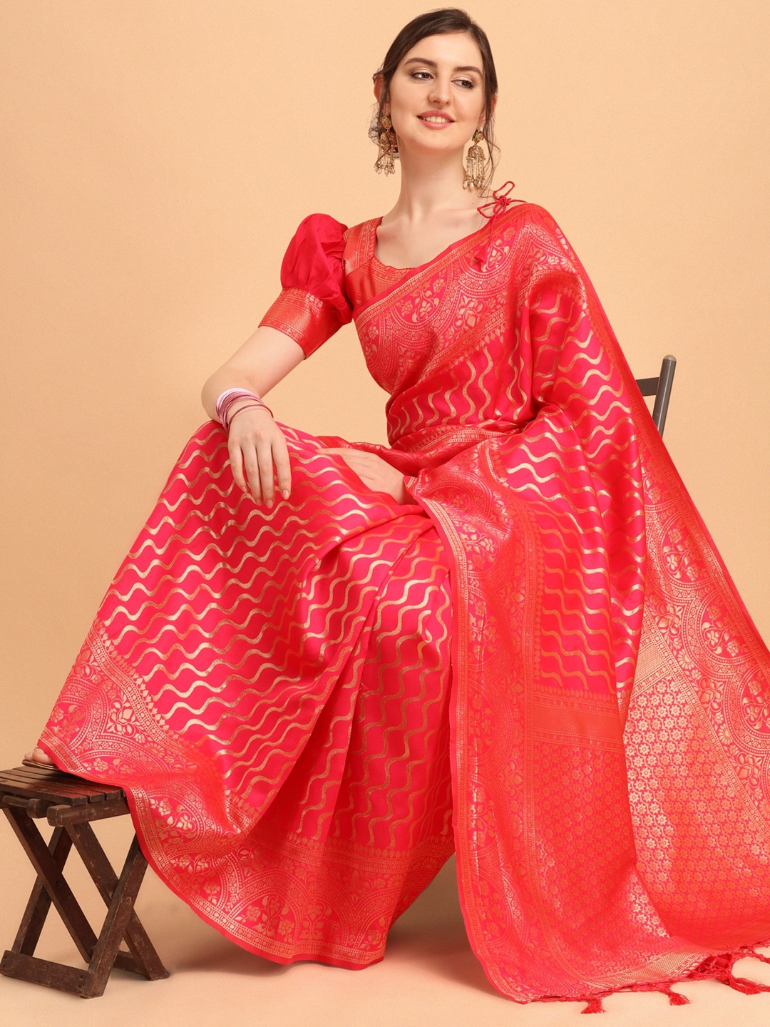 

KALINI Woven Design Zari Silk Blend Banarasi Saree, Pink