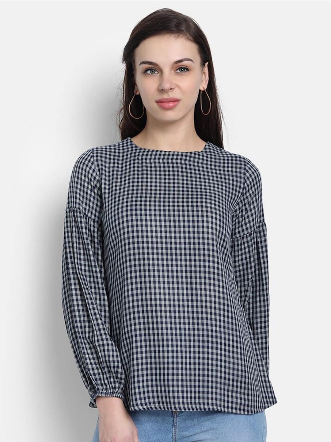 

fabGLOBAL Checked Long Sleeves Casual Top, Navy blue