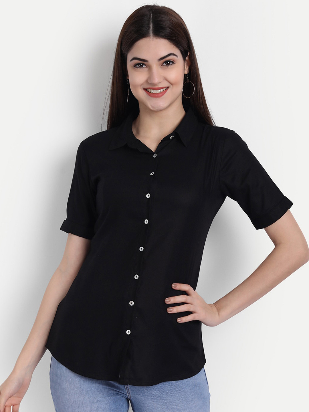 

fabGLOBAL Solid Shirt Style Top, Black